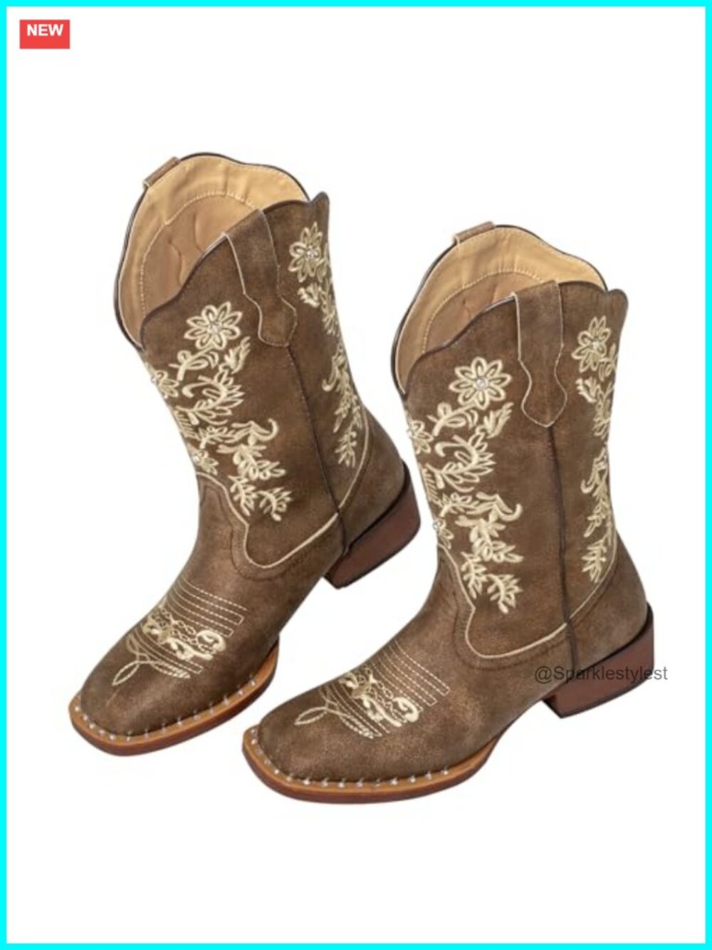 Rhinestone Square Toe Western Cowgirl Boots Floral Embroidered Wide Calf